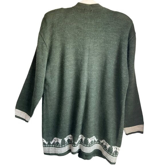 VTG Roger Sz Large Olive Green Cardigan Sweater wool blend Novelty Cows Goats - Picture 5 of 10
